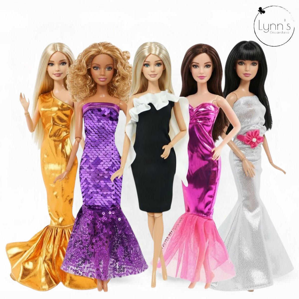 Lynn’s poppenkleertjes - Set ‘Fleur’ - Geschikt voor modepop - Set van 5 jurken voor kerst, feest, gala - Kleding voor modepoppen - Cadeauzakje